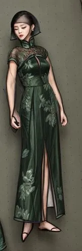 dark green cheongsam-style gown with sheer mesh embroidery details, center split skirt,a 3d painting of a woman in a green gown and black hat,yokozuna,hakuho,saionji,hakama,chihiro,seumeren,Product De