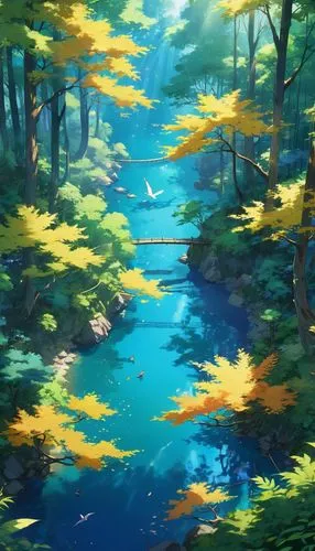 The forest comes alive with the sounds of rustling leaves and chirping birds, as the light casts long shadows across the forests below. The forest is a deep blue, with thick, golden trees and sparklin