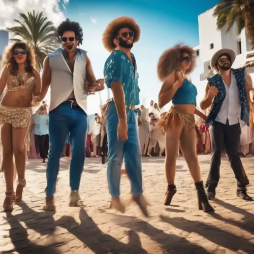 group of people dressed in various outfits and wearing sunglasses,shalamar,smeezingtons,redfoo,funkadelic,burning man,charanga