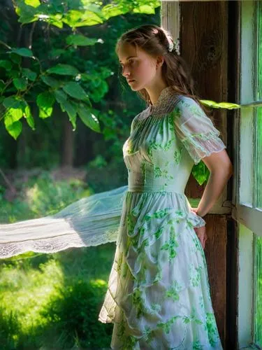 This picture shows a young English Lady in a light-colored dress standing at a window. Her gaze is directed outside and she appears to be pensive. Bright colors. The surroundings outside appear green 