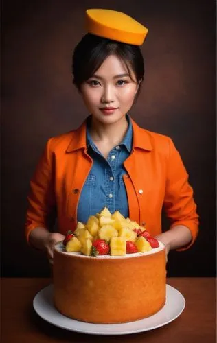  Asian woman , crisp orange circular hat and jacket, jean shirt under orange jacket, pineapple and strawberry pieces on cake, brown table, white plate, dark background ,a woman standing in front of a 