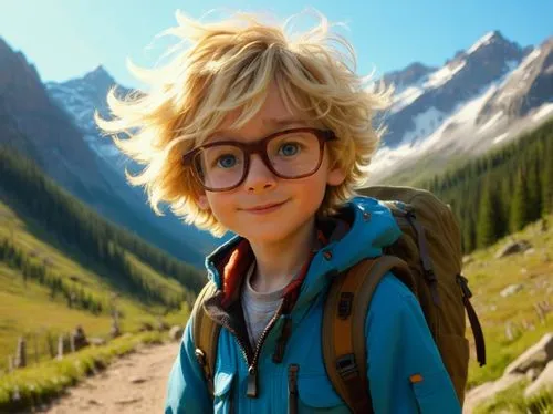 A young boy, around eight years old, with messy blonde hair and blue eyes, wearing glasses and dressed in hiking gear. His hair is tousled, giving him a carefree and adventurous look,a  with glasses i