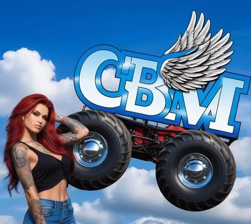 a logo with wings, on monster truck wheels. a beautiful tattooed woman. create a background in the image, a blue sky with few clouds. maintain the characteristics of the figures in the image,ecw,cgw,c