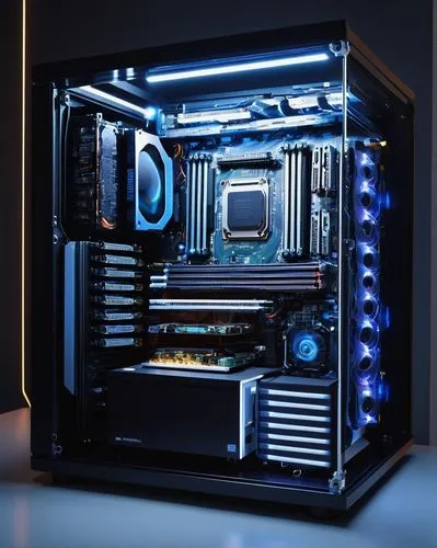 Computer motherboard, futuristic laboratory, bright LED lights, metallic surfaces, wires and circuits, CPU tower, GPU unit, RAM sticks, hard drive, power supply, water cooling system, tubes and pipes,