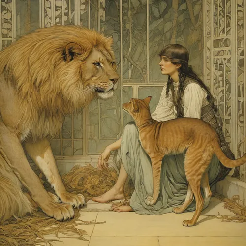 she feeds the lion,lionesses,female lion,kate greenaway,lion children,lion father,two lion,lions couple,hunting scene,lion,lioness,lions,lion - feline,oriental longhair,vintage illustration,forest king lion,captivity,emile vernon,lion white,edward lear,Illustration,Retro,Retro 01