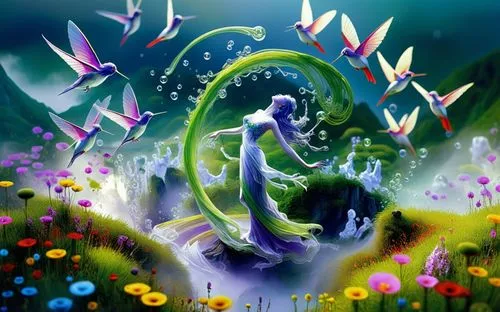 luigia,sylphs,faerie,flower painting,suicune,spring background,Illustration,Abstract Fantasy,Abstract Fantasy 01