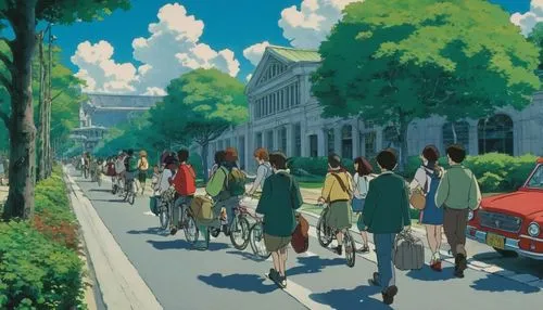 studio ghibli,ghibli,street scene,school children,schoolchildren,chomet,taniguchi,nodame,people walking,higurashi,omotesando,ekiden,okimoto,summer day,sakimoto,shopping street,wakanohana,promenade,ichigaya,hiroji,Illustration,Japanese style,Japanese Style 14