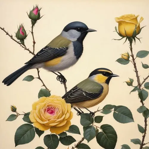 flower and bird illustration,bananaquit,eastern yellow robin,yellowthroat,bird painting,audubon,Illustration,Paper based,Paper Based 21