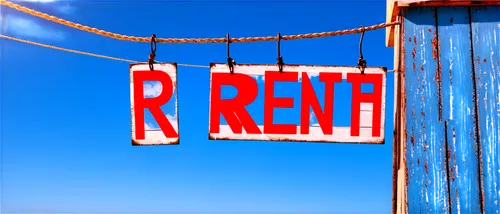 "For Rent sign, wooden board, bold font, red letters, white background, rusty nails, worn-out edges, hanging from a rope, against a blue sky, sunny day, high-angle shot, shallow depth of field, warm c