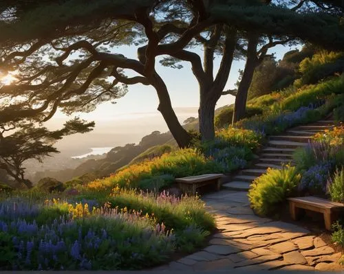 sempervirens,esalen,marin county,winding steps,lavenders,quartz sandstone peak woodland landscape,lupines,carmel,wooden path,hiking path,carmel by the sea,beautiful landscape,kentfield,pathway,nature wallpaper,garden bench,cliffside,provence,landscape background,the mystical path,Conceptual Art,Daily,Daily 14