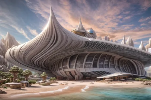 futuristic architecture,futuristic landscape,futuristic art museum,solar cell base,alien world,alien ship,alien planet,terraforming,sky space concept,3d fantasy,imperial shores,sci fi,calatrava,mandelbulb,fantasy city,very large floating structure,airships,planet eart,kirrarchitecture,valerian