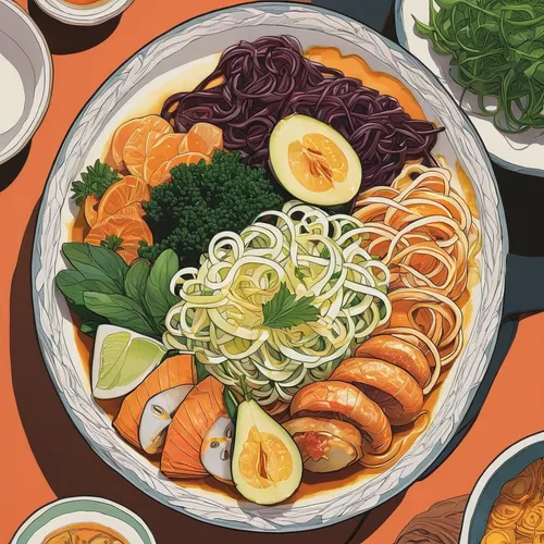 Create a mouthwatering menu with these tantalizing dishes.,noodle bowl,makguksu,nabemono,udon,bibimbap,naengmyeon,chankonabe,laksa,kalguksu,narutomaki,ramen,sukiyaki,noodle soup,udon noodles,japanese 