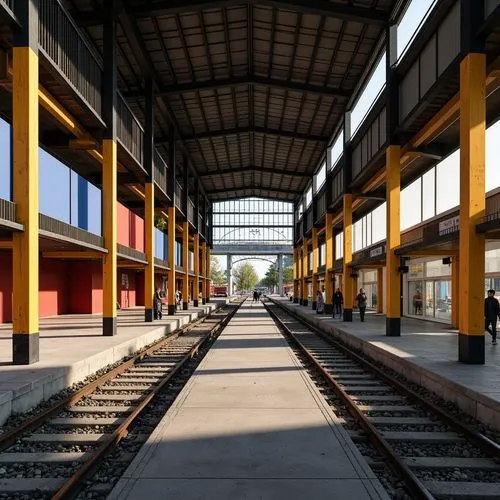 Industrial chic train stations, geometric shapes, bold primary colors, functional minimalism, steel beams, concrete floors, industrial lighting, urban landscapes, modernist architecture, rectangular f