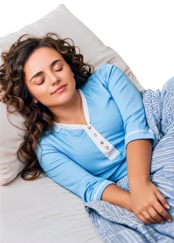 Sleepy girl, lying down, soft facial expression, closed eyes, gentle smile, curly brown hair, light blue pajamas, white pillows, cozy blanket, relaxed posture, morning sunlight, warm color tone, shall