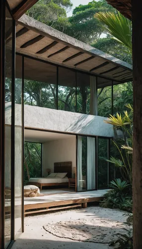 (a view from a bedroom:1.3), unsplash contest winner, modernism, mexico tulum, subtle detailing, beautiful house on a forest path, glass openings, stucco walls, olivia de bernardinis, maya, ignant, be