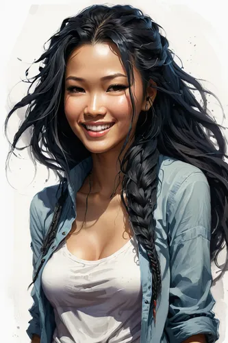 a girl's smile,asian woman,mulan,moana,eurasian,katniss,girl portrait,braids,maya,asian girl,vietnamese woman,asian semi-longhair,girl drawing,braid,braiding,twists,oriental girl,grin,oriental longhair,portrait background,Conceptual Art,Fantasy,Fantasy 17