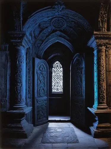 crypt,doorway,hall of the fallen,portal,cloister,sepulchre,blue doors,ranakpur,chamber,the threshold of the house,mausoleum,corridor,tombs,inside courtyard,front door,church door,hallway,mausoleum ruins,persian architecture,main door,Photography,Black and white photography,Black and White Photography 15