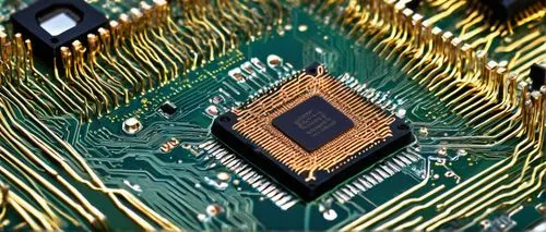 Microscopic view, 32-bit CPU architecture, motherboard, electronic components, copper wires, silver soldering, tiny resistors, capacitors, intricate circuits, processor die, transistors, diodes, golde