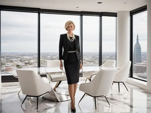 Luxurious modern office, Celeste Hart Interior Architecture & Design Inc., elegant CEO female, 35yo, short blonde hair, pearl necklace, black business suit, high heels, standing confidently, hands beh