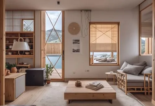 a living area with wooden shelves, table, and windows,japanese-style room,wooden windows,zakka,wood window,kurimoto,sky apartment,Photography,General,Realistic