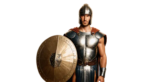 Muscular warrior, ancient Greek helmet, golden armor, shield with emblem, sword in hand, heroic pose, strong facial expression, determined eyes, rugged skin texture, Mediterranean skin tone, warm sunl