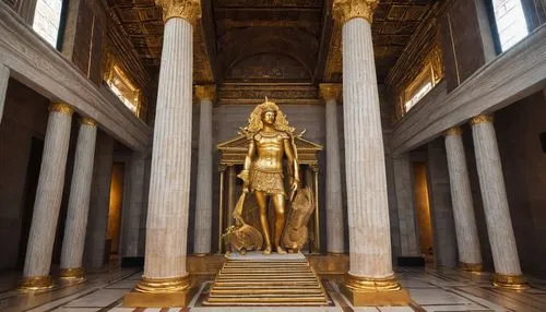 Ancient Atlas statue, grandiose architectural structure, colossal marble pillars, intricate carvings, ornate details, golden accents, majestic entrance, stone flooring, high ceilings, symmetrical comp