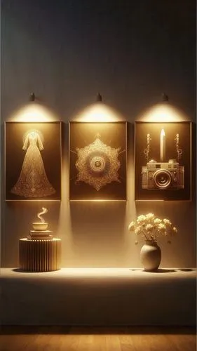 A minimalistic scene with a golden, ethereal glow and a warm, luxurious ambiance. In the center, three framed canvas paintings side by side, each exuding elegance. The first painting depicts a detaile