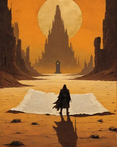 dune,dune 45,sci fiction illustration,mystery book cover,viewing dune,the wanderer,sand road,barren,desert,pilgrimage,sahara,the desert,guards of the canyon,stone desert,heroic fantasy,dune landscape,shifting dune,sahara desert,cg artwork,wanderer,Conceptual Art,Sci-Fi,Sci-Fi 17