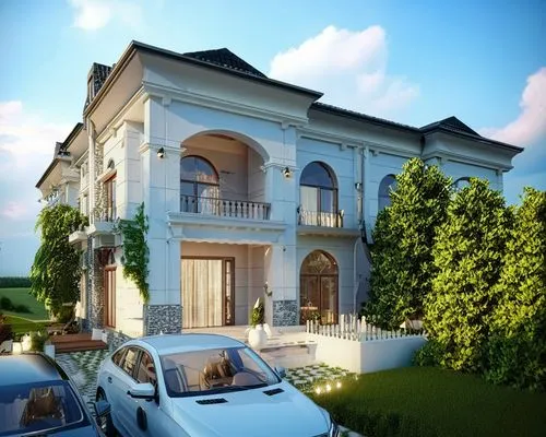 two cars parked in front of a white mansion,mansion,3d rendering,luxury home,villa,two story house,bendemeer estates,Photography,General,Realistic