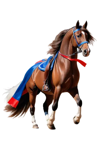 American horse, Independence Day, patriotic, majestic, brown coat, flowing mane, star-spangled saddle, red white blue ribbons, proud posture, ears perked up, nostrils flared, galloping, freedom spirit