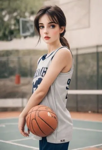 a  with dark brown eyes holding a basketball,basketball player,sports girl,basketballer,woman's basketball,basketball,basketballs