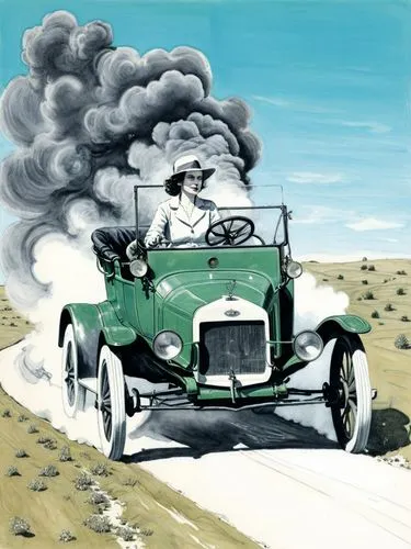 Pen drawing: Mrs. Clara Jane Ford is at the center of the action. She is driving a Ford (Model T) through a Texan landscape, its dark green paint reflecting the bright sunlight. The intricate details 