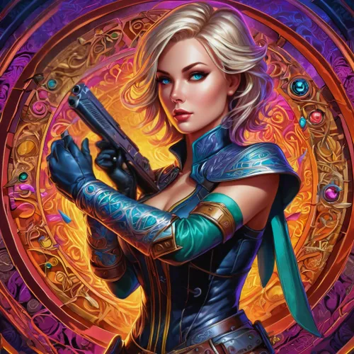 fantasy portrait,girl with gun,rosa ' amber cover,elsa,andromeda,zodiac sign libra,girl with a gun,fantasy art,dodge warlock,cg artwork,female warrior,woman holding gun,libra,sci fiction illustration,holding a gun,nova,femme fatale,jaya,violinist,blue enchantress