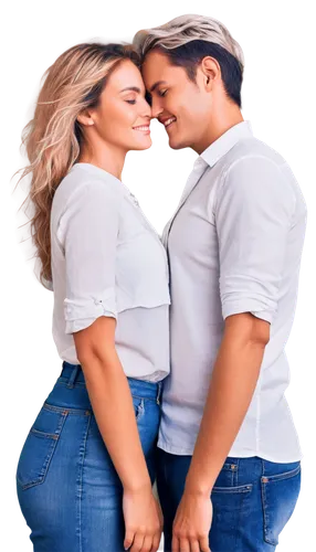 Couple, embracing, love, romantic, tender moment, gentle smile, soft gaze, beautiful detailed eyes, light blush, tousled hair, casual wear, jeans, white shirt, simple background, warm lighting, cinema