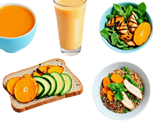 Colorful fruits, assorted vegetables, whole grain bread, grilled chicken breast, steaming bowl of quinoa, fresh green salad, crispy roasted sweet potatoes, vibrant orange carrots, glass of cold milk, 