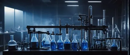 Stable diffusion, futuristic laboratory, sci-fi setting, modern equipment, various beakers, test tubes, microscopes, complex machinery, sleek metal surfaces, neon lights, dark blue tone, misty atmosph