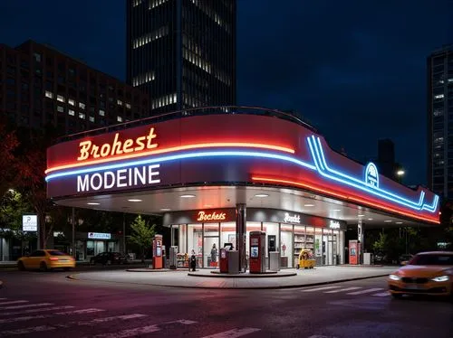 Curved streamline moderne gas station, retro-futuristic signage, neon lights, bold typography, geometric shapes, metallic materials, polished chrome accents, sleek lines, minimalist aesthetic, urban c