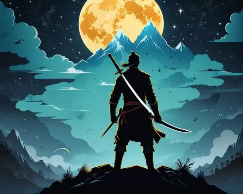 silhouette art,lone warrior,witcher,vector art,game illustration,the wanderer,man silhouette,mobile video game vector background,game art,night watch,art silhouette,map silhouette,heroic fantasy,silhouette,vector illustration,scroll wallpaper,would a background,scythe,swordsman,moon and star background,Unique,Design,Logo Design