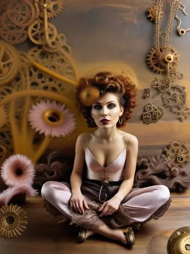 girl with a wheel,vintage woman,photomanipulation,photo manipulation,bodypainting,conceptual photography,Illustration,Realistic Fantasy,Realistic Fantasy 13