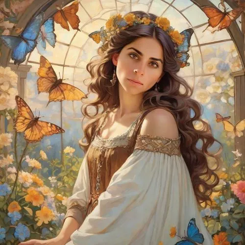 vanessa (butterfly),fantasy portrait,romantic portrait,julia butterfly,girl in flowers,mystical portrait of a girl,girl in the garden,gatekeeper (butterfly),flower fairy,girl in a wreath,rapunzel,jasmine blossom,butterflies,fantasy art,beautiful girl with flowers,fairy tale character,hesperia (butterfly),cinderella,rosa 'the fairy,faery,Digital Art,Impressionism