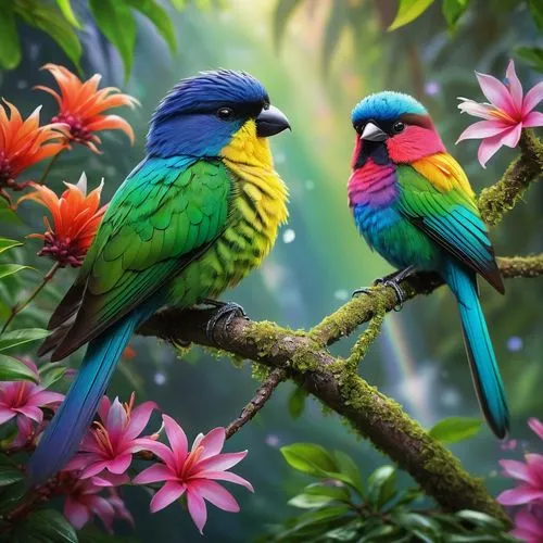 Vibrant rainbow-colored birds, tropical paradise, lush green forest, exotic flowers, sparkling waterfalls, misty atmosphere, warm sunlight filtering through leaves, colorful plumage, iridescent feathe