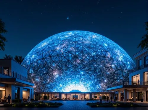 Glowing planetarium dome, futuristic architecture, iridescent glass facade, LED light installations, starry night sky, cosmic patterns, geometric shapes, metallic materials, reflective surfaces, minim