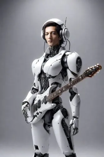 Robot ai white, 
memainkan Guitar elektrik
Realistis, 
background black,actionfigure,action figure,minibot,steel man,3d figure,spaceman,robot in space,spacesuit,humanoid,3d man,guitar player,plug-in f