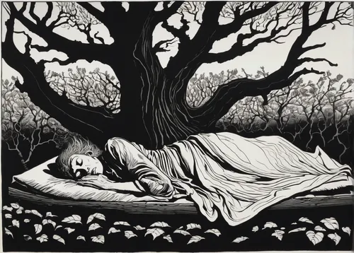 the sleeping rose,girl lying on the grass,sleeping apple,david bates,idyll,bed in the cornfield,girl with tree,acerola,olle gill,the night of kupala,woodcut,the dark hedges,sleeping beauty,birch tree illustration,sleepwalker,rose sleeping apple,sleep thorn,cool woodblock images,apple trees,book illustration,Art,Artistic Painting,Artistic Painting 24