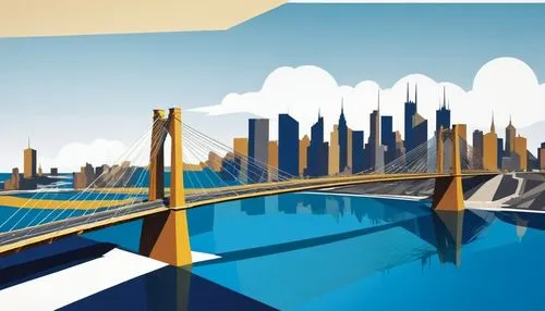 abstract layout composition on the theme : bridges connecting the shores in the city,a painting of a bridge and city skyline,cartoon video game background,background vector,virtual landscape,metropoli