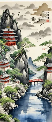 chinese art,oriental painting,cool woodblock images,japanese art,chinese architecture,japan landscape,woodblock prints,chinese background,forbidden palace,japanese background,yunnan,landscape background,yangqin,wuyi,oriental,chinese style,chinese clouds,river landscape,asian architecture,tong sui,Illustration,Paper based,Paper Based 30