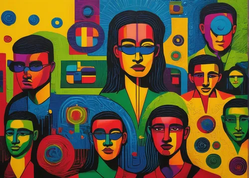 multicolor faces,faces,heads,pop art people,group of people,indigenous painting,oil painting on canvas,oil on canvas,audience,african art,art exhibition,khokhloma painting,peoples,parcheesi,self unity,collective,popart,avatars,indian art,psychedelic art,Conceptual Art,Daily,Daily 19