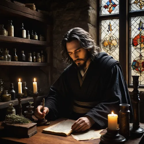 saintly figure, halo, white robe, ethereal glow, holding a vial, sinners in the background, dark attire, rugged faces, pleading expressions, apothecary bottles, wooden shelves, dimly lit room, candlel