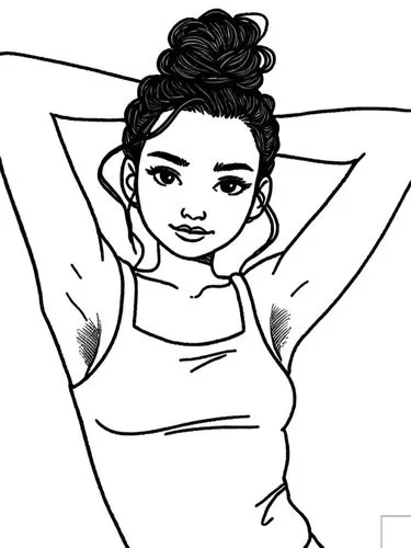 a woman in white shirt with her arms above her head,underarms,armpits,underarm,armpit,pregnant woman icon,slouches,Design Sketch,Design Sketch,Black and white Comic