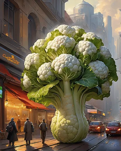 Imagine a futuristic world where cauliflower is the primary energy source. Describe the high-tech city powered by cauliflower energy.,chinese cabbage,broccoli,brocoli broccolli,cauliflower,broccoflowe